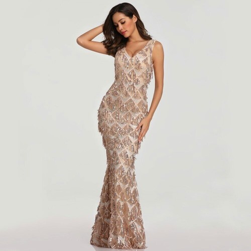 V-neck Tassel Sleeveless Evening Dress Women Sexy Party Maxi Long Prom Dress - Picture 6 of 19