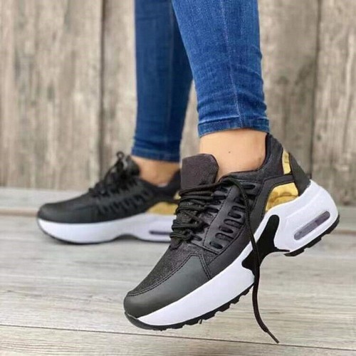 Damen Keilabsatz Plateau Sneaker Freizeit Sport Schnürung Mesh Leicht Atmungsaktiv Schuhe - Bild 3 von 16