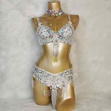 Women Beaded Belly Dance Costumes Bra Belt 2pc Sets Ladies Bellydancing Costumes