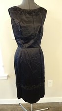 Vintage 1960s Black Silk Beaded Little Black Dress Cocktail S/M 28"W/40"H/40"B