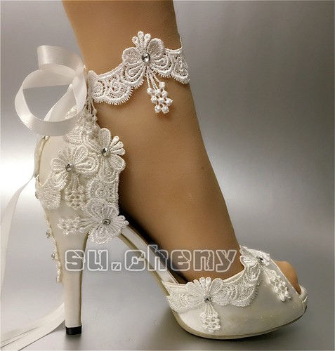 su.cheny Ribbon anklet white ivory satin open toe heel Wedding Bridal shoes size - Picture 6 of 14