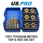 US PRO Tools 13pc Titanium Coated Metric Tap & Hex Die Set, T-Bar Wrench 2693