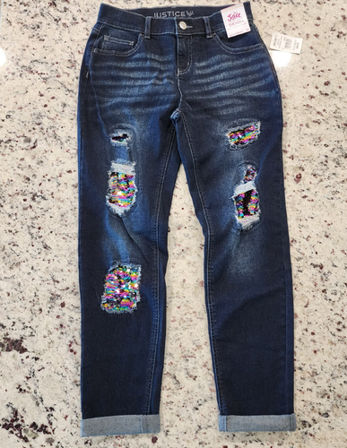 JUSTICE GIRLS DISTRESSED DENIM & SEQUINS GIRLFRIEND JEANS SIZE 16 - Picture 10 of 13