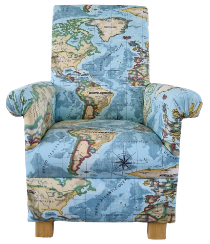 Prestigious Atlas Fabric Adult Chair Armchair World Map Globe Blue Cream Antique - Picture 25 of 29