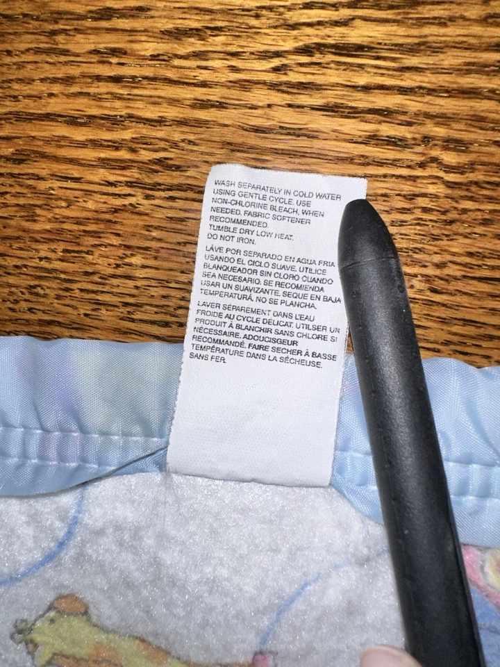 VTG Baby Blanket Satin Edge Trains Clowns Circus Animals Blue White AOP Made USA - Image 4 of 4