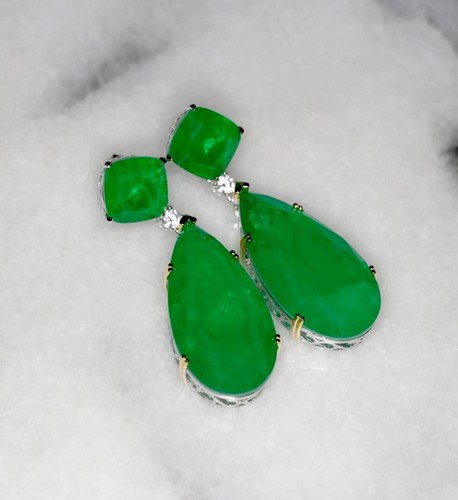 Lab Created Emerald Austrian Crystal Silver Drop Earrings 18k Gold Accents - Picture 1 of 11