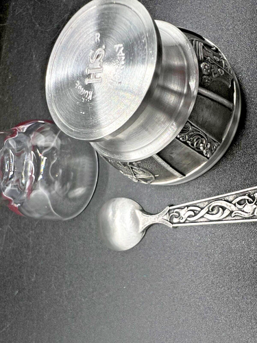 Konge Tinn Norway Royal Pewter Salt dip liner spoon Boxed w/papers - Picture 7 of 14