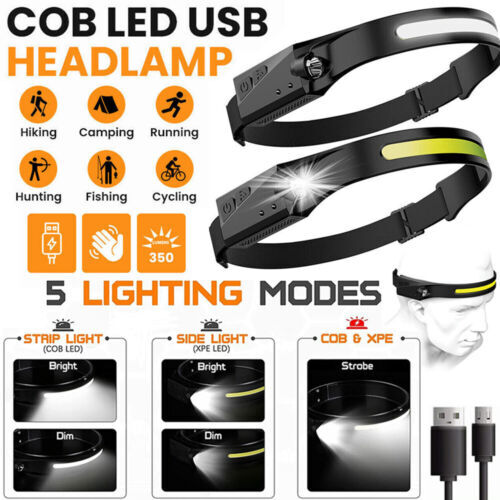 2xStirnlampe COB+LED Kopflampe USB Wiederaufladbar Bewegungssensor 5-Modi Akku - Bild 1 von 12