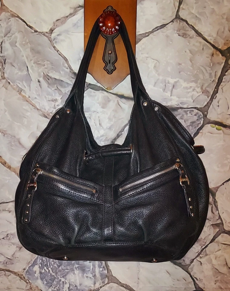 B. Makowsky Black Leather  Silver Extra Large Slouch Hobo Tote Satchel Handbag
