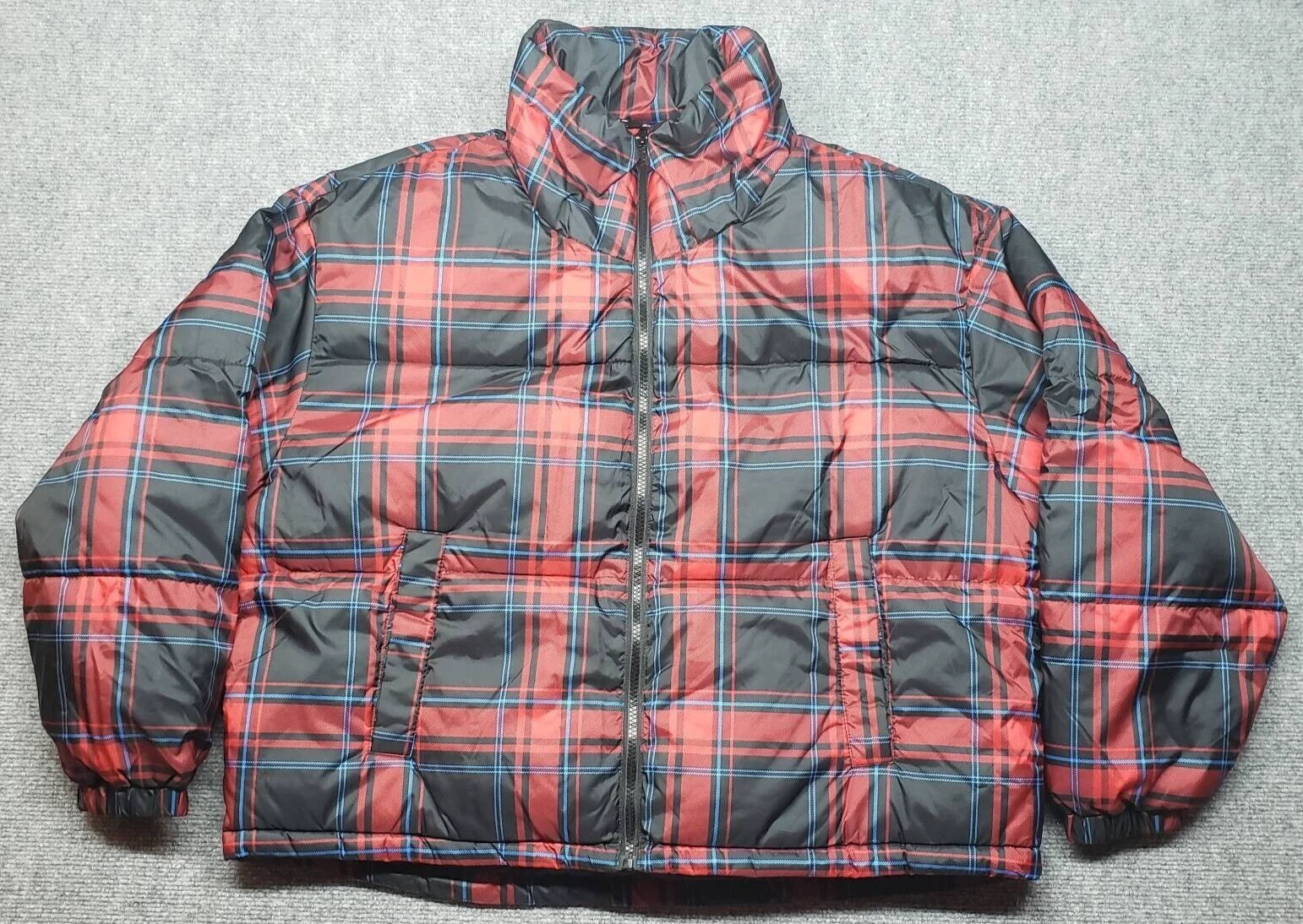 Arizona Puffer Jacket Mens L Red Black Plaid Waist Length Insulated Mockneck New