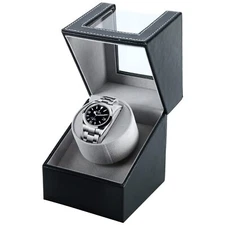 Single Watch Winder in Black Leather Quiet Japanese Mabuchi Motor Battery not...