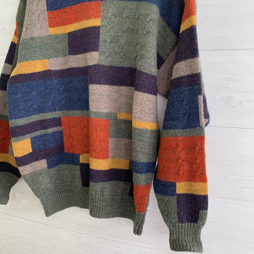 Boston Traders’ Green color block cable knit crewneck sweater, L - Picture 3 of 5
