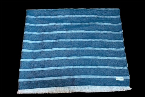 Sferra Marice Peacock Blue Throw Blanket Dobby Striped Fringed Wool Silk 55”x90” - Picture 8 of 8