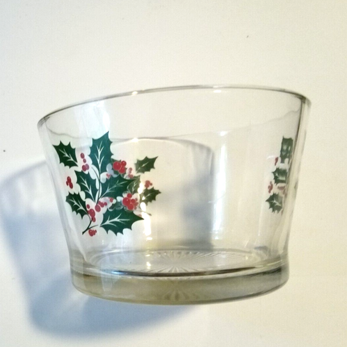 Vintage Christmas Indiana Glass Bowl Clear w/ Green Holly Red Berry Ice Bucket - Picture 3 of 7