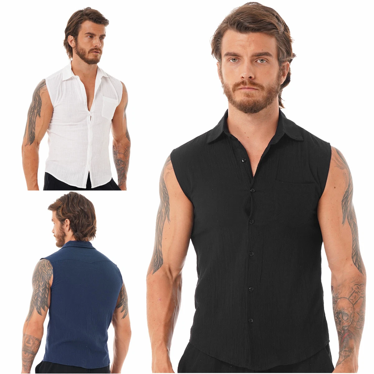 Weste für Herren Tanktop ärmellose Button-Down-Hemd Strand T-Shirt