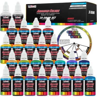 24 Color 1oz Super Starter Airbrush Acrylic Paint Set Cleaner Thinner ColorWheel