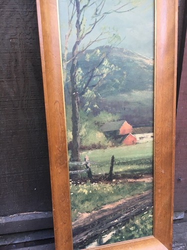 Rural Farm Scene Framed Print Red Barn Tree Mountain Long Narrow 7 x 23 1/2 in  - Picture 4 of 9