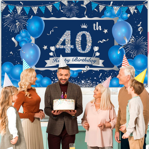 Blue 40th Birthday Decorations Banner for Men Women, Navy Blue Silver Happy 40th - Picture 5 of 12