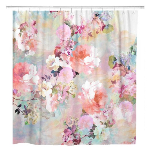Shower Curtain Colorful Flowers Romantic Pink Teal Watercolor Chic Floral Pat...