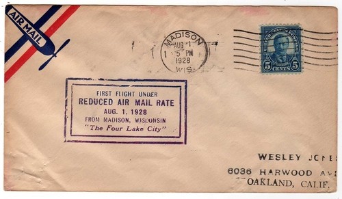 FIRST FLIGHT COVER 1928 MADISON WITH LARGE COOLIDGE WISCONSIN STAMP - Picture 1 of 2