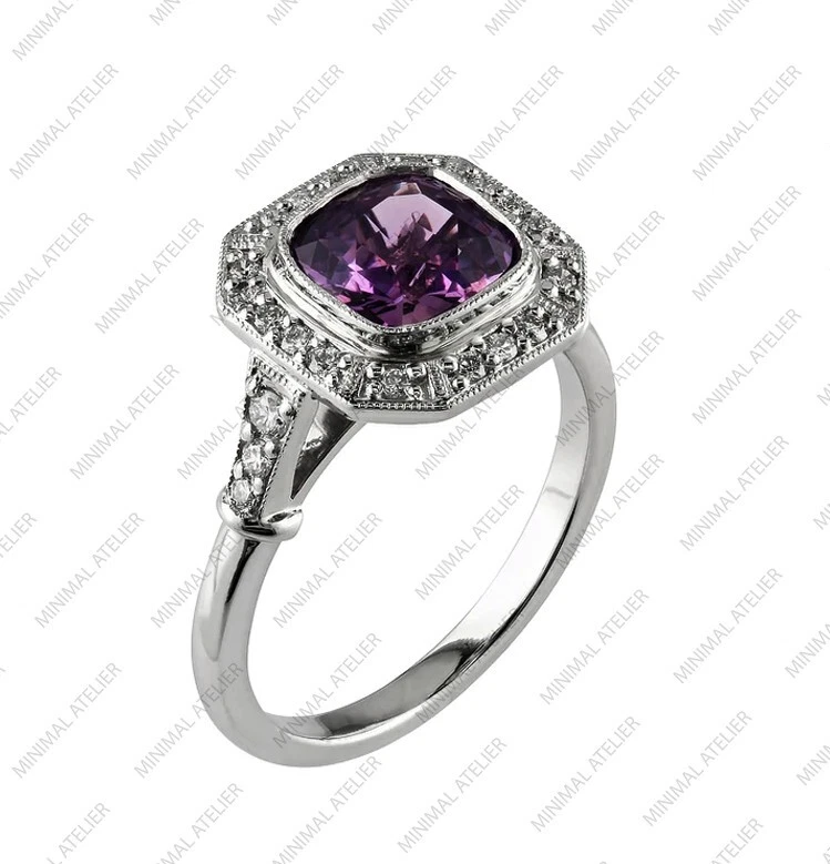 Amethyst Gemstone Purple Halo Ring, 925 Sterling Silver Gold Plated Gift For Her - Image 3 of 4