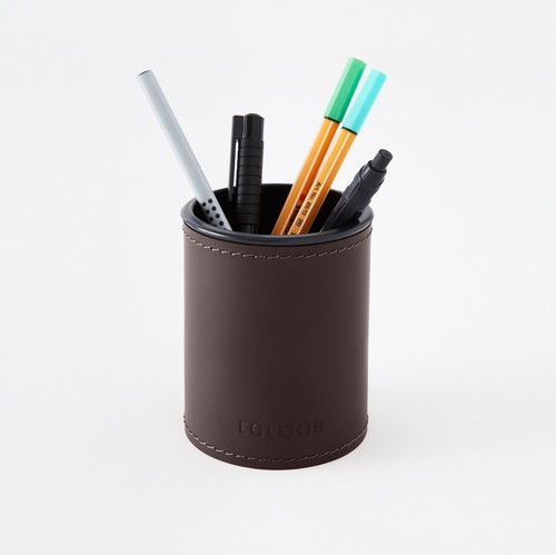 Pot à Crayons Bureau Cuir Marron Brun - Design Ronde et Coutures Artisanales - Imagen 2 de 5