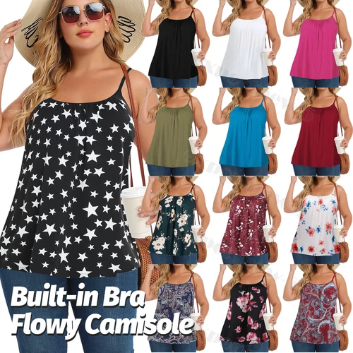 S-4XL Camisole with Built in Bra Plus Size Tunic Tops Womens Loose Cami Blouses - Picture 1 of 41