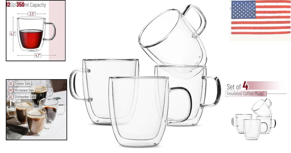 Elegantes tazas de café transparentes con aislamiento de doble pared de 12 oz - Juego de 4 Foto 2 de 4