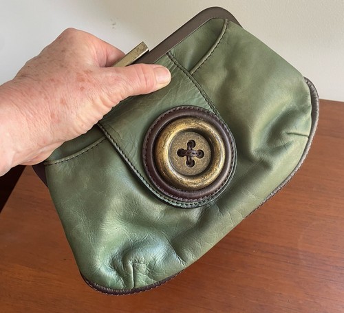 Mimco Clutch Bag Green with brown leather and large button detail. VGC. - Picture 2 of 15