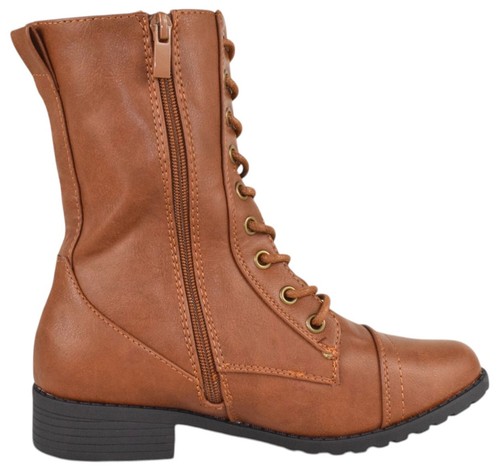 Forever Women Combat Army Style Boot Lace Side Zipper Booties JALEN-77 Tan Brown - Bild 3 von 4