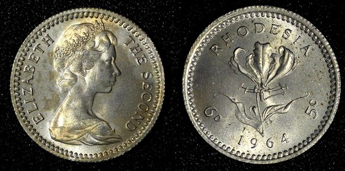 Rhodesia Elizabeth II 1964 6 Pence = 5 Cents UNC TONED KM# 1 ( 27 702) - Picture 1 of 3