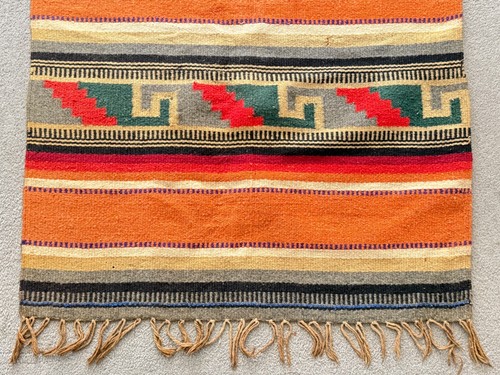 Vintage 80s Mexican Blanket Table Runner Woven Wool Saltillo Aztec Rug 62”x27.5” - Picture 9 of 11