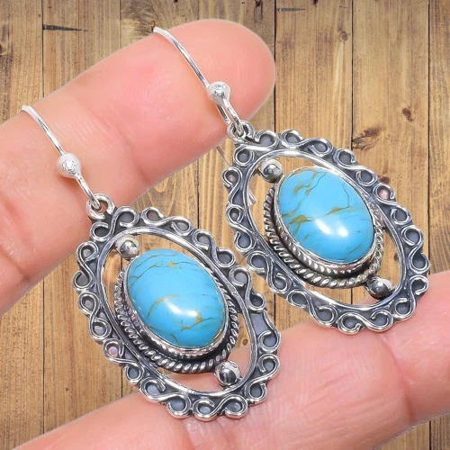 Copper Blue Turquoise Ethnic Gemstone 925 Sterling Silver Earring 2.0" G425 - Image 2 of 4