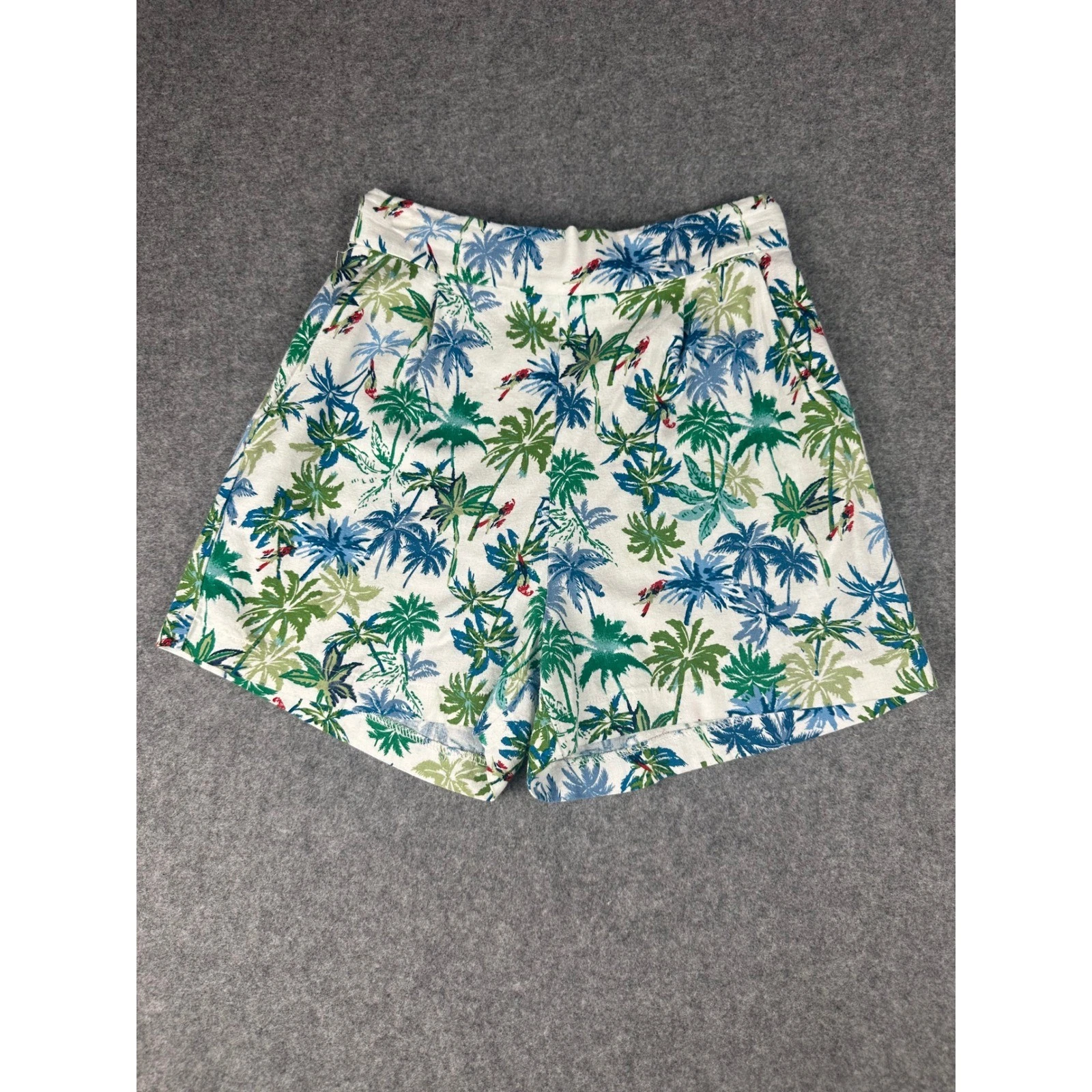Monteau Los Angeles Tropical Palm Print Linen Blend Shorts White Blue Green M