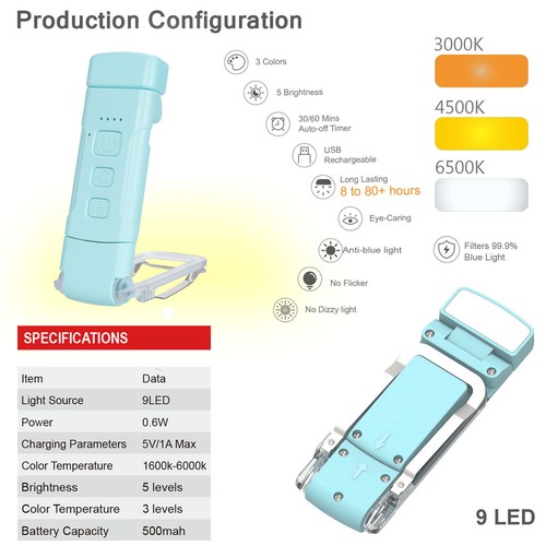 (Black)Reading Lights For Books In Bed Portable Clip-on LED USB Rechargeable TDW - Zdjęcie 11 z 12