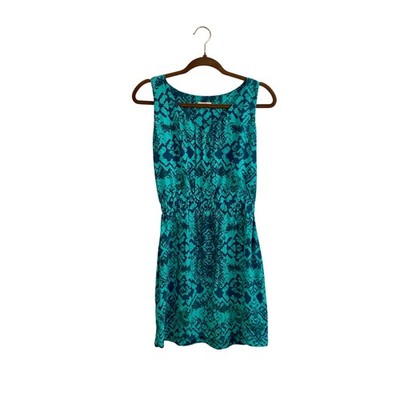 Nell Four 100% Silk Abstract Python Snake Print Mini Dress V-Neck Teal Green 4