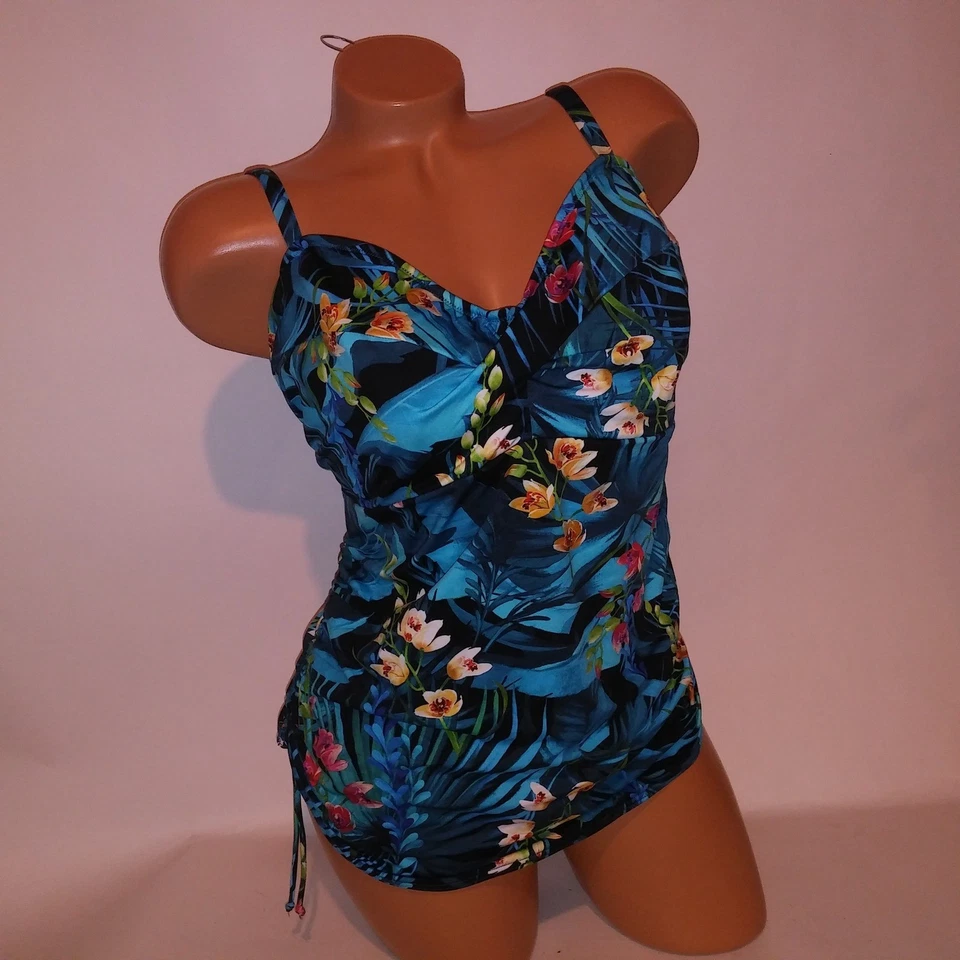 Tankini Fantasie Swim 34H azul verde floral levemente forrado lados franzidos - Imagem 2 de 4