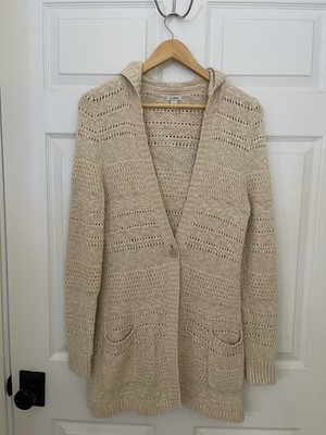 LLBean S Linen Cotton Rayon Blend Hooded Long Knit Sweater Natural Tan Pockets