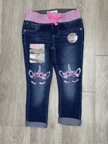 Girls jeans by Squeeze size 4 Dark Wash Embroidered Unicorn Pink NEW - Picture 1 of 3
