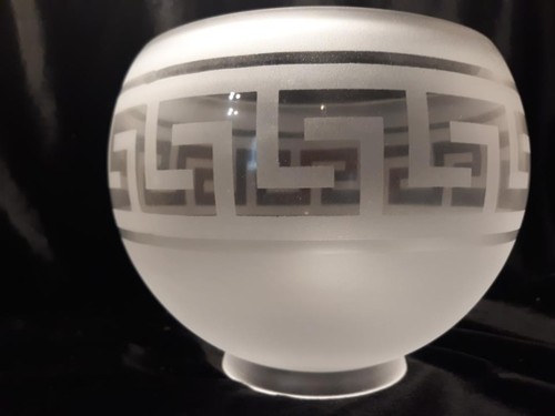 GREEK KEY PANEL SCENE GAS LAMP SHADE 4" fitter etched glass oil, ball 7 & 3/4" - Picture 3 of 4