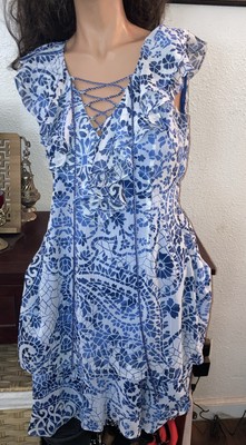 New Boston Proper Mosaic Blue And White Flutter Sleeve Dress XS Size 0, 2, 4 