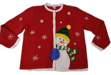 Mercer Street Studio Cardigan Sweater Bottoms Snowman Beaded Red Vintage
