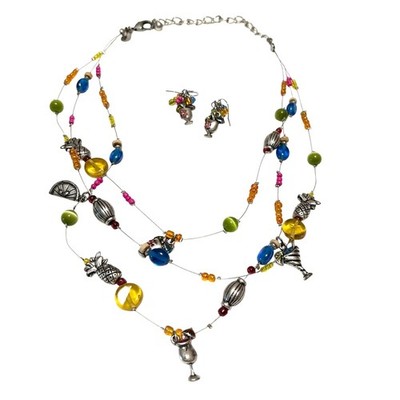 Chicos Beaded Charm Necklace & Earrings Set Cocktail Party Fruit Theme 3 Strand 