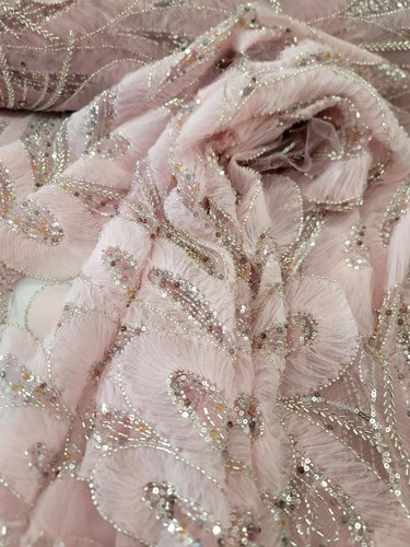 Floral 3D Lace Pink Embroidered Beaded Flowers Mesh Fabric Sold By The Yard Prom - Picture 4 of 13