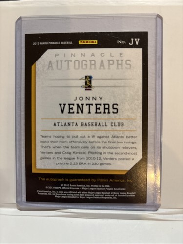 Pinnacle Jonny Venters 2013 automático Atlanta Braves JV autógrafo - Imagen 2 de 2