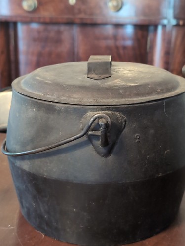 Antique American Cast Iron Kettle Swing Handle Tin Cover Single Gate 19th C - Picture 2 of 15