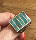 Vintage Native Heavy Sterling Silver Inlay Turquoise Men’s Ring Size 11