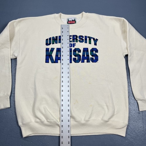 Vintage 90s University Of Kansas Crewneck Sweatshirt 2XL XXL Cream VTG College - Picture 7 of 8