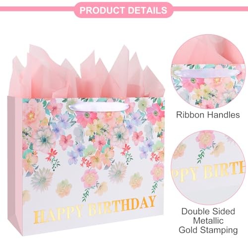 13" Large Size Happy Birthday Gift Bag Flower Pattern with Metallic Floral - 第 3/7 張圖片