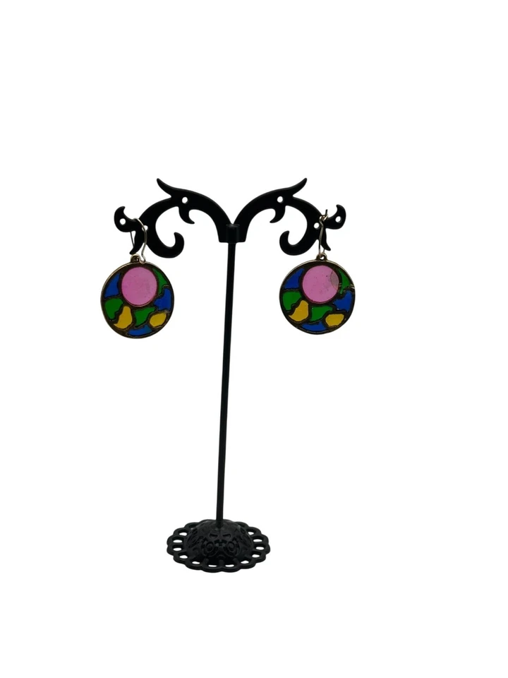 Colorful Stained Glass Circle Drop Earrings Circle Studs Whimsical - Image 4 of 4